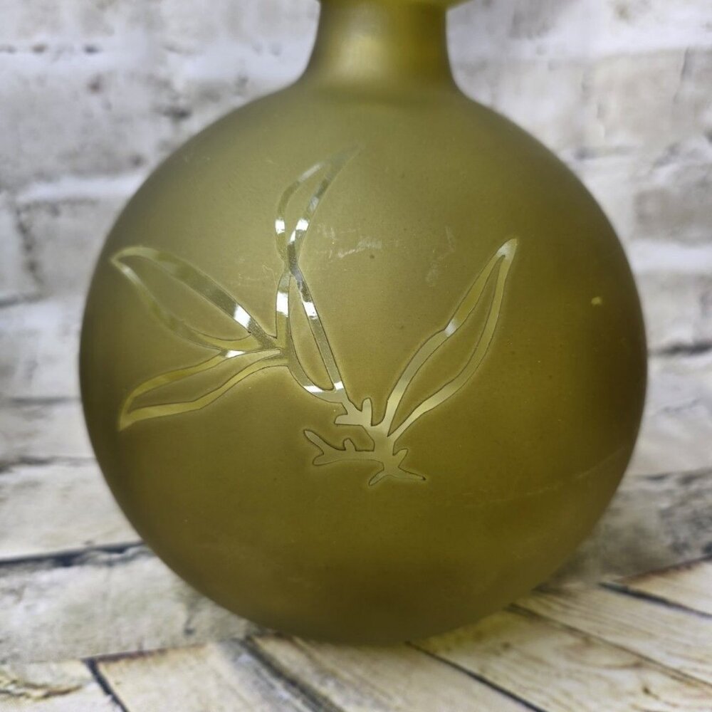 7.5 Inch Round Vase Green Translucent Leaf Design Glass Vintage